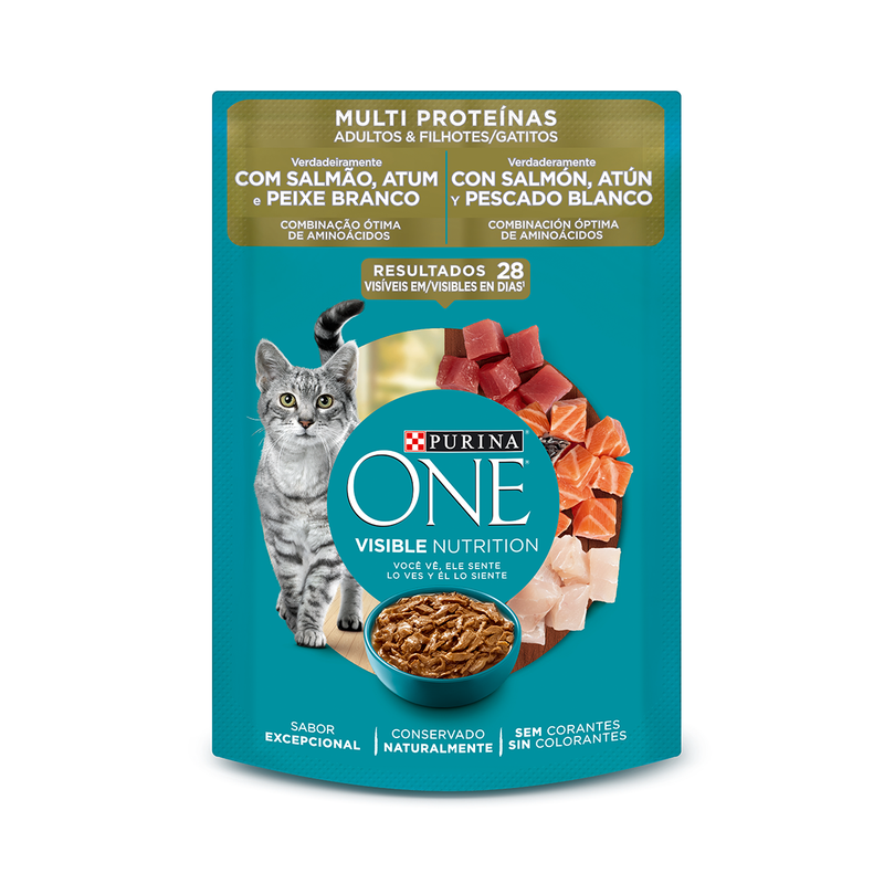 Purina ONE® multi proteínas gatos y gatitos de salmón, atún y pescado